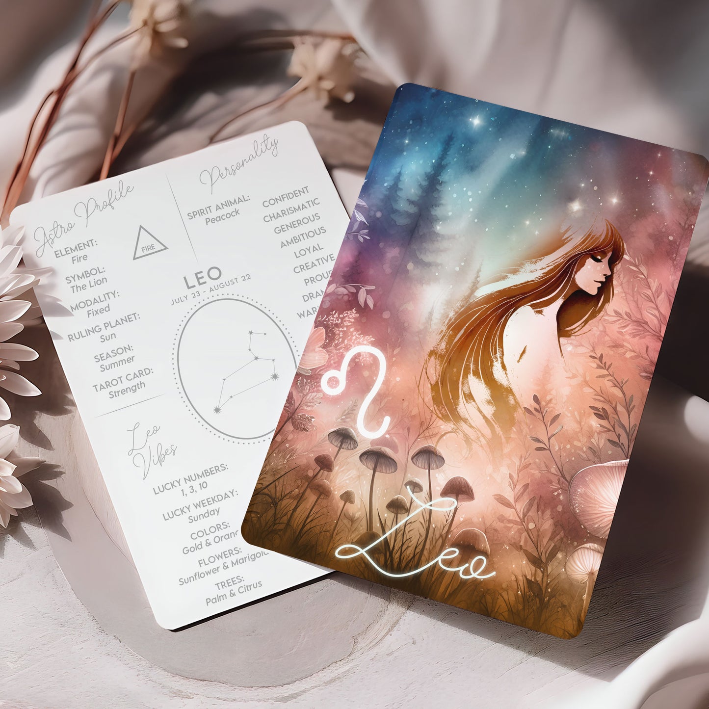 Lejonet – Stjärnteckenkort med stjärnbild & kristaller – Astrologiskt A6-kort för journaling eller gåva – ZC426