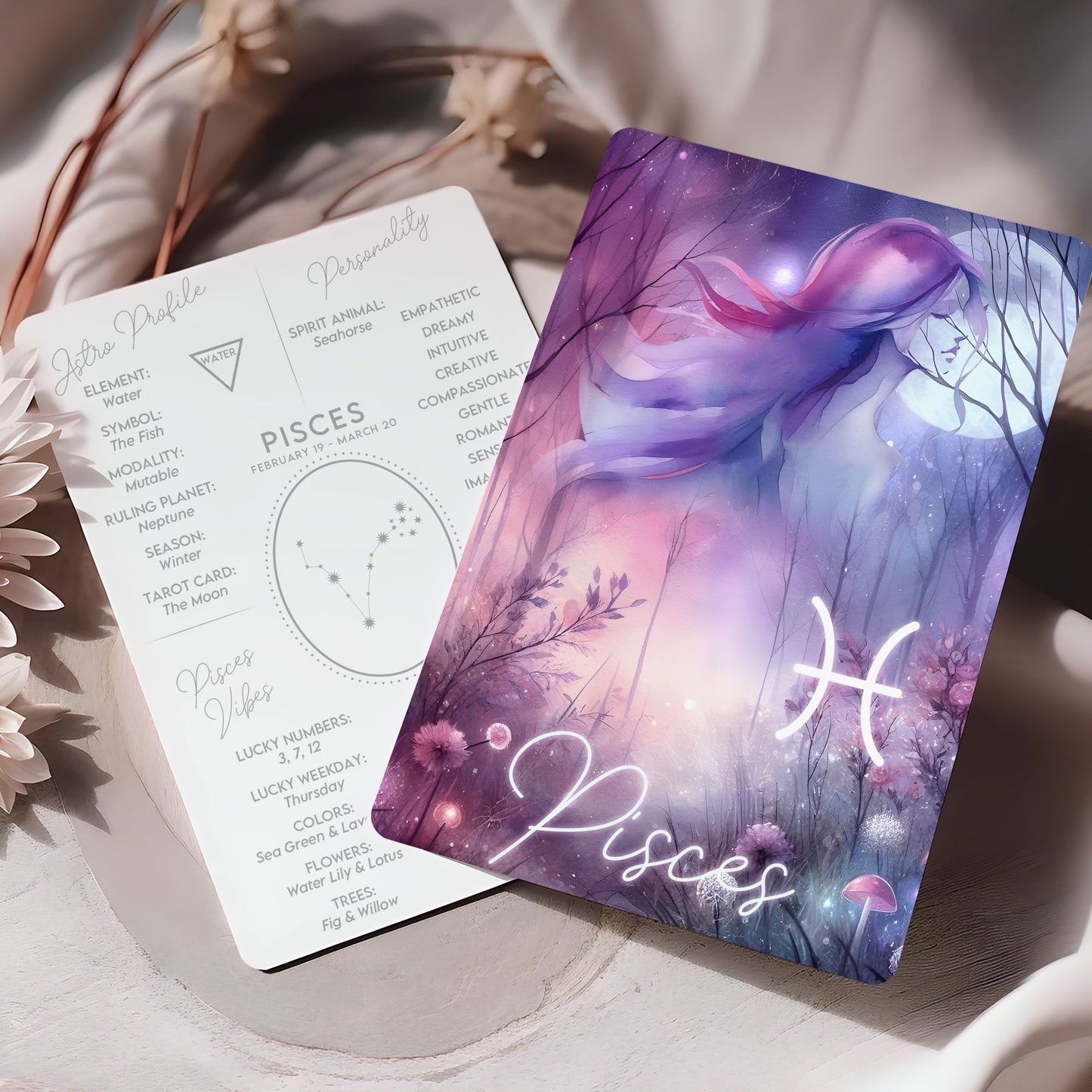 Fiskarna – Stjärnteckenkort med stjärnbild & kristaller – Astrologiskt A6-kort för journaling eller gåva – ZC428