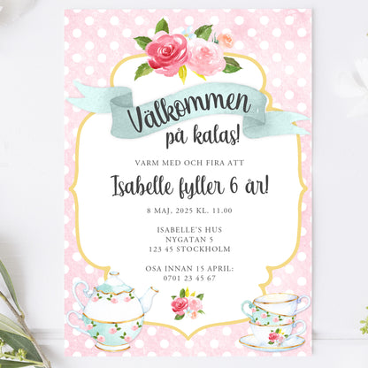 Barnkalas Inbjudningskort – Tekoppar Polkadot Rosa – A6 Tryckt Kort för Födelsedagskalas BK001r