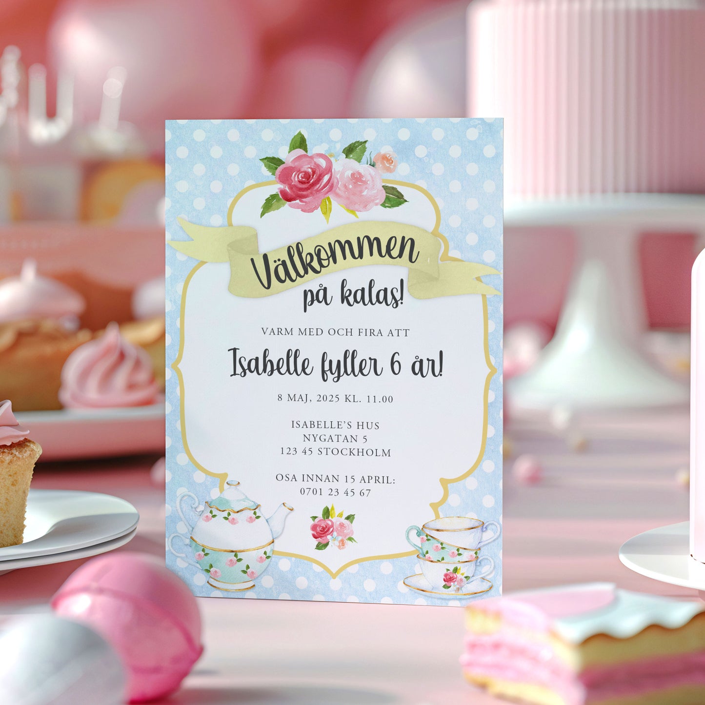 Barnkalas Inbjudningskort – Tekoppar Polkadot Blå – A6 Tryckt Kort för Födelsedagskalas BK001b