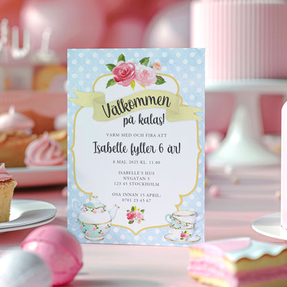 Barnkalas Inbjudningskort – Tekoppar Polkadot Blå – A6 Tryckt Kort för Födelsedagskalas BK001b