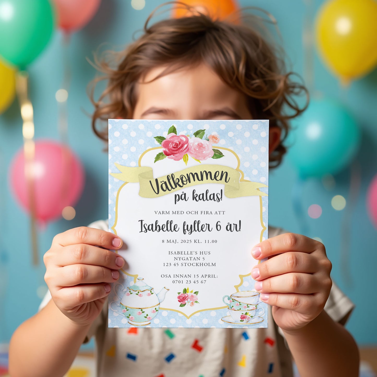 Barnkalas Inbjudningskort – Tekoppar Polkadot Blå – A6 Tryckt Kort för Födelsedagskalas BK001b