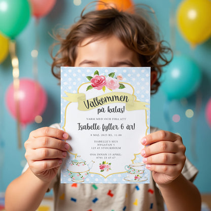 Barnkalas Inbjudningskort – Tekoppar Polkadot Blå – A6 Tryckt Kort för Födelsedagskalas BK001b