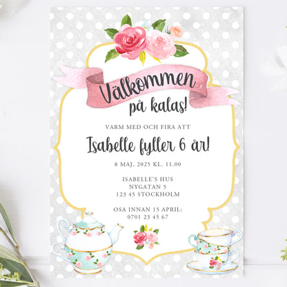 Barnkalas Inbjudningskort – Tekoppar Polkadot Grå – A6 Tryckt Kort för Födelsedagskalas BK001g