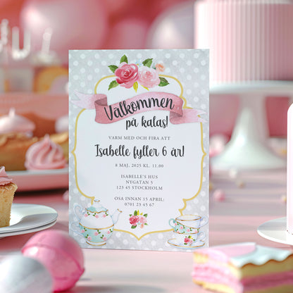 Barnkalas Inbjudningskort – Tekoppar Polkadot Grå – A6 Tryckt Kort för Födelsedagskalas BK001g