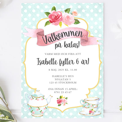 Barnkalas Inbjudningskort – Tekoppar Polkadot Turkos – A6 Tryckt Kort för Födelsedagskalas BK001t