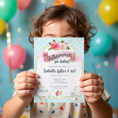 Barnkalas Inbjudningskort – Tekoppar Polkadot Turkos – A6 Tryckt Kort för Födelsedagskalas BK001t