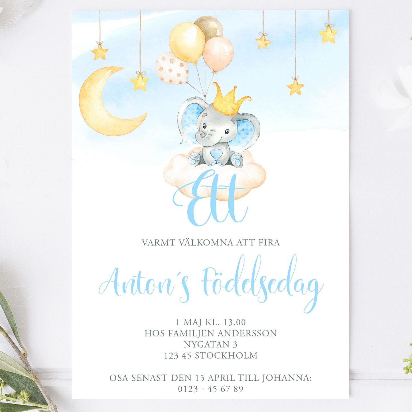 Barnkalas Inbjudningskort – Elefant med Ballonger Blå – A6 Tryckt Kort för Födelsedagskalas BK002b