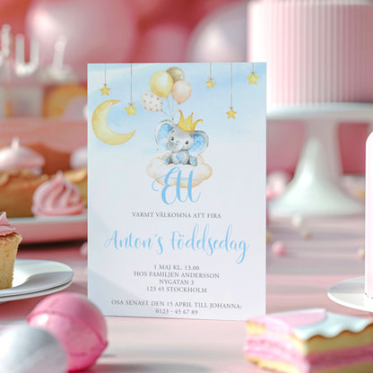 Barnkalas Inbjudningskort – Elefant med Ballonger Blå – A6 Tryckt Kort för Födelsedagskalas BK002b
