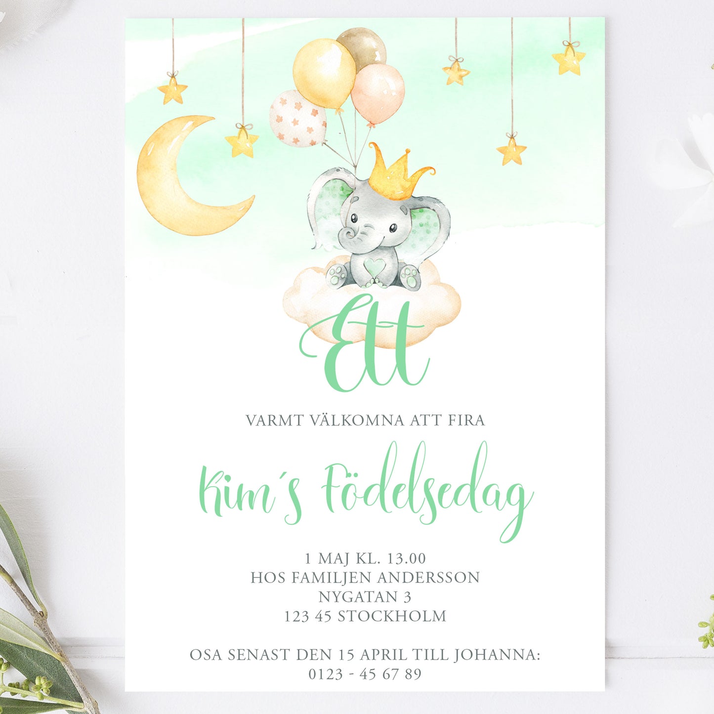 Barnkalas Inbjudningskort – Elefant med Ballonger Grön – A6 Tryckt Kort för Födelsedagskalas BK002g