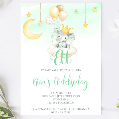 Barnkalas Inbjudningskort – Elefant med Ballonger Grön – A6 Tryckt Kort för Födelsedagskalas BK002g
