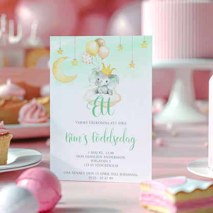 Barnkalas Inbjudningskort – Elefant med Ballonger Grön – A6 Tryckt Kort för Födelsedagskalas BK002g