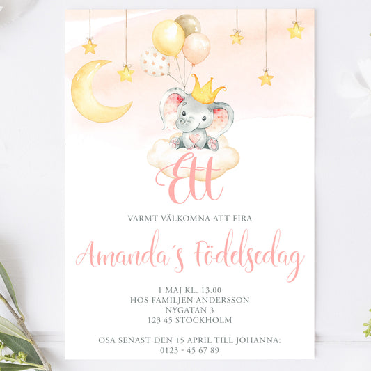 Barnkalas Inbjudningskort – Elefant med Ballonger Rosa  – A6 Tryckt Kort för Födelsedagskalas BK002p