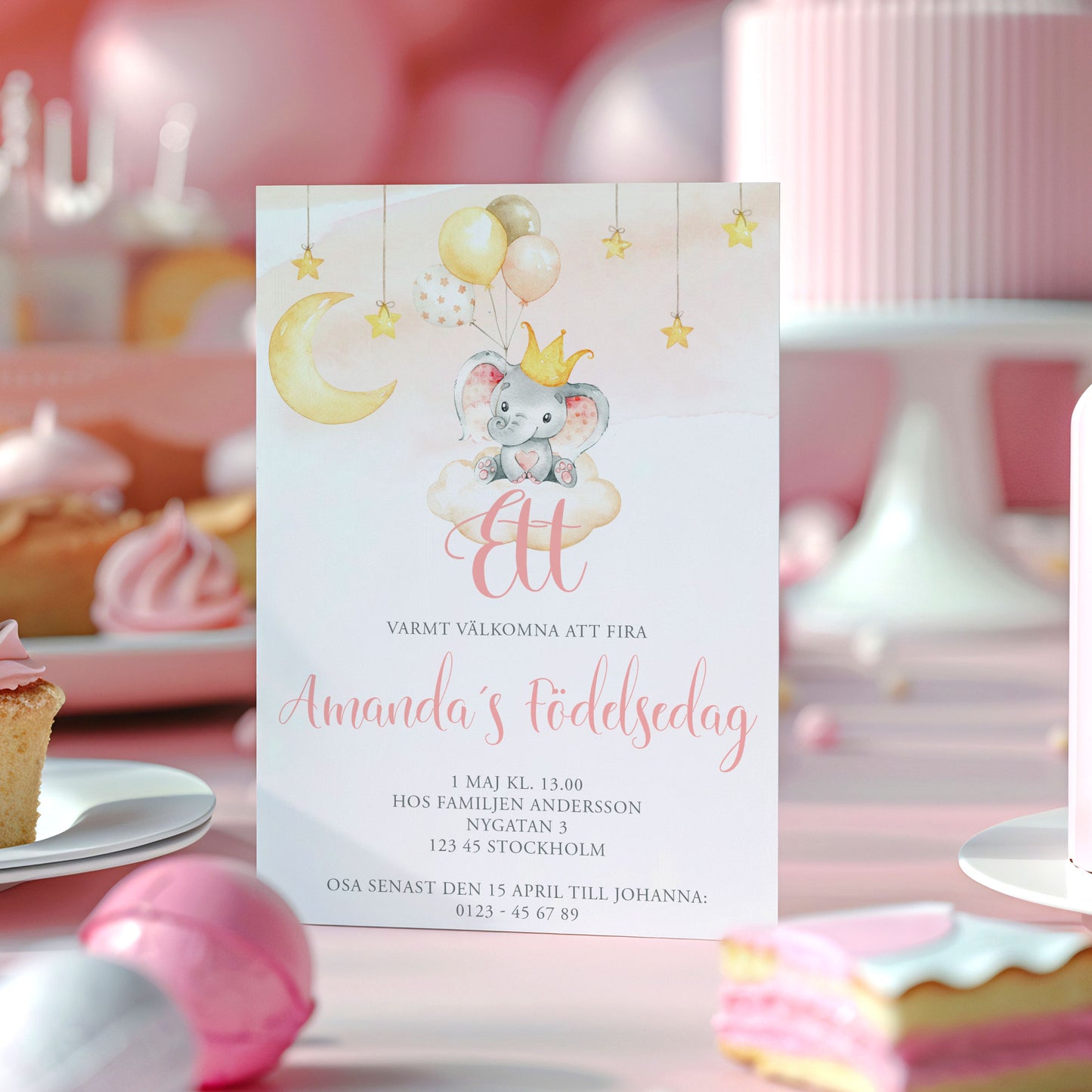 Barnkalas Inbjudningskort – Elefant med Ballonger Rosa  – A6 Tryckt Kort för Födelsedagskalas BK002p