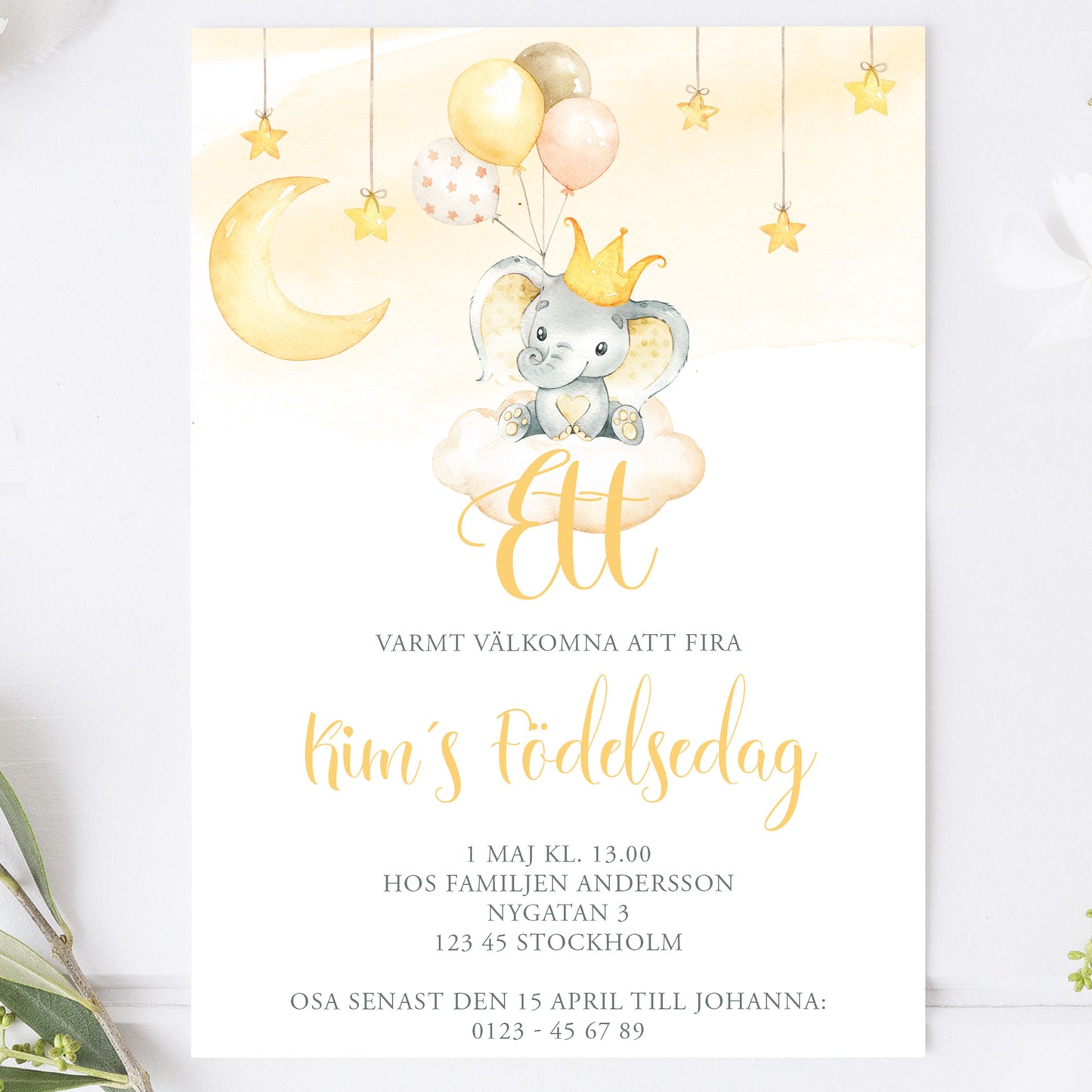 Barnkalas Inbjudningskort – Elefant med Ballonger Gul – A6 Tryckt Kort för Födelsedagskalas BK002y