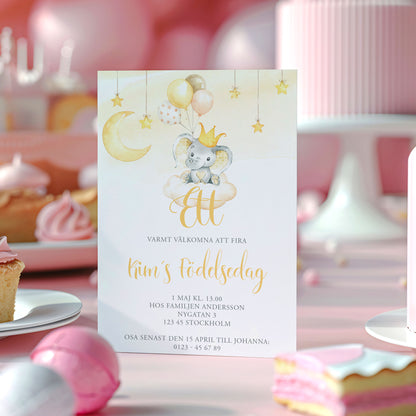 Barnkalas Inbjudningskort – Elefant med Ballonger Gul – A6 Tryckt Kort för Födelsedagskalas BK002y