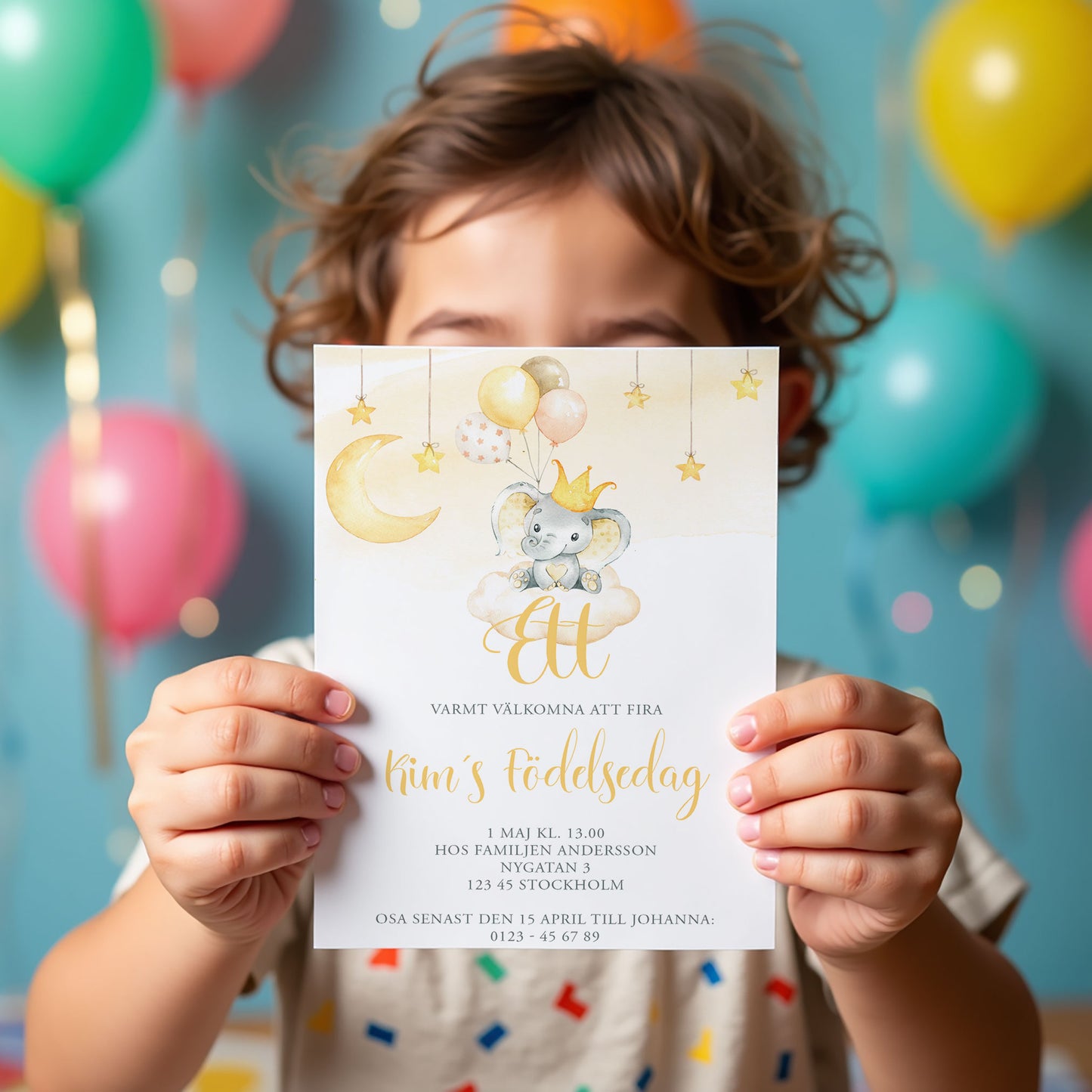 Barnkalas Inbjudningskort – Elefant med Ballonger Gul – A6 Tryckt Kort för Födelsedagskalas BK002y