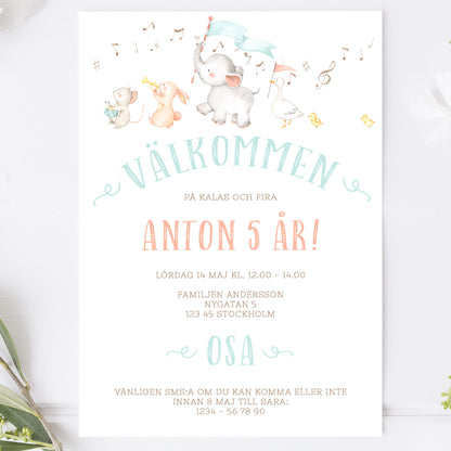 Barnkalas Inbjudningskort – Djurparad – A6 Tryckt Kort för Födelsedagskalas BK003