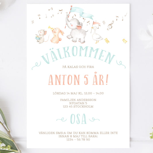 Barnkalas Inbjudningskort – Djurparad – A6 Tryckt Kort för Födelsedagskalas BK003