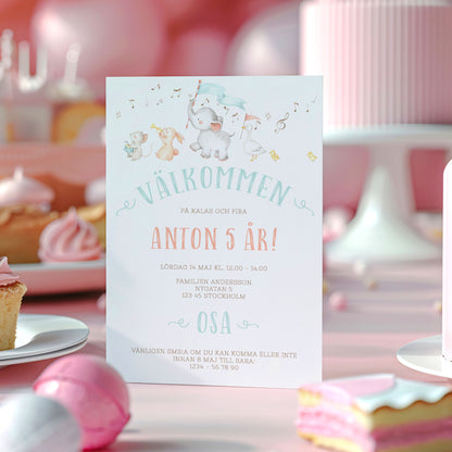 Barnkalas Inbjudningskort – Djurparad – A6 Tryckt Kort för Födelsedagskalas BK003