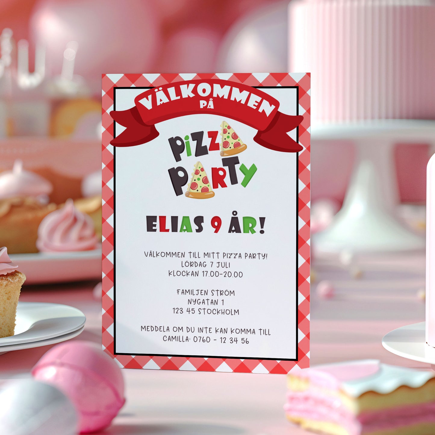 Barnkalas Inbjudningskort – Pizza Party – A6 Tryckt Kort för Födelsedagskalas BK004