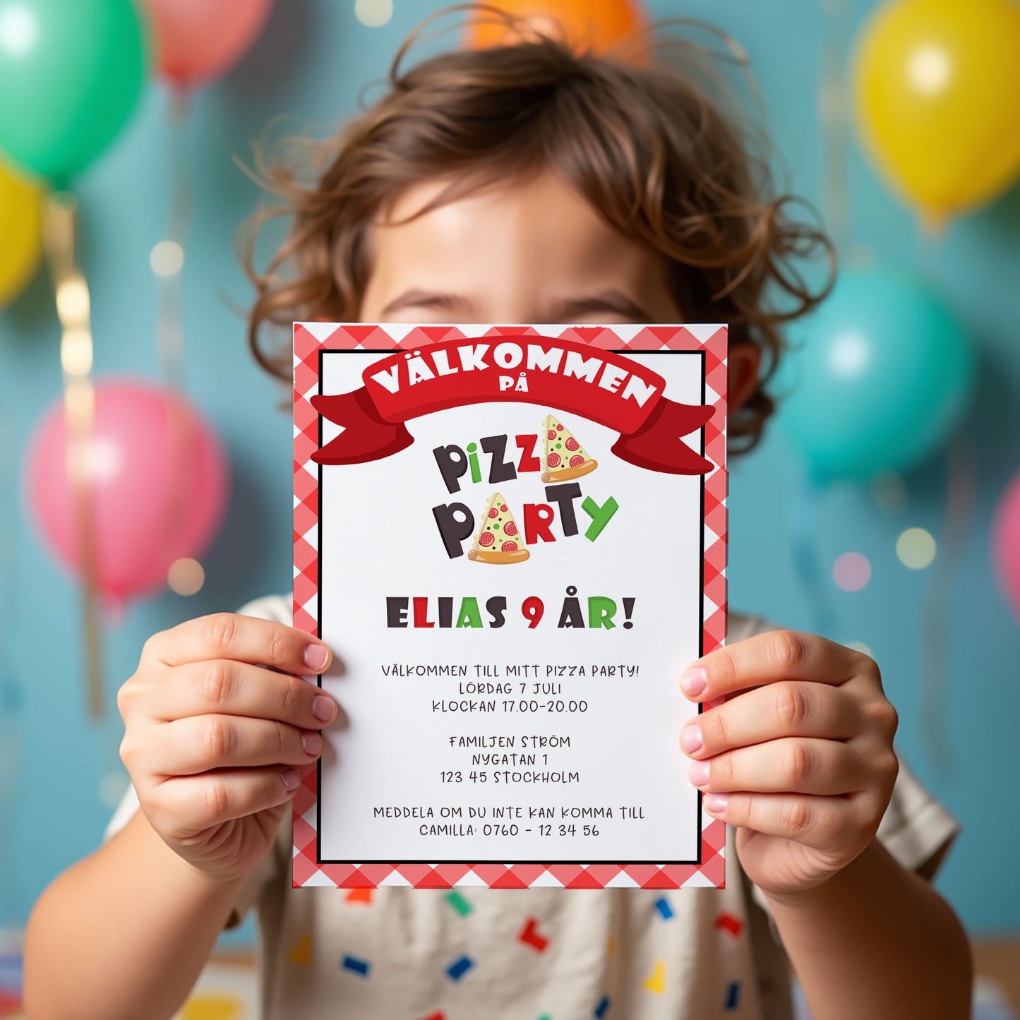 Barnkalas Inbjudningskort – Pizza Party – A6 Tryckt Kort för Födelsedagskalas BK004