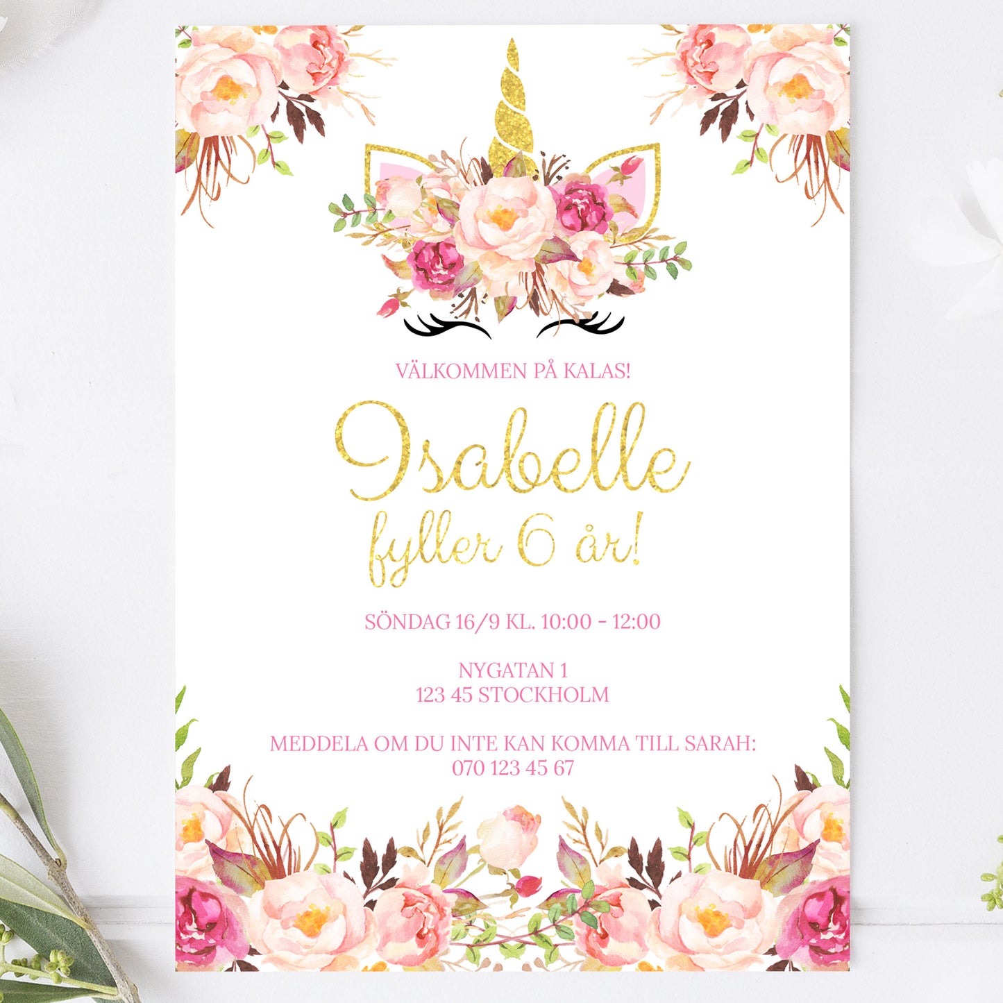 Barnkalas Inbjudningskort – Enhörning – A6 Tryckt Kort för Födelsedagskalas BK005