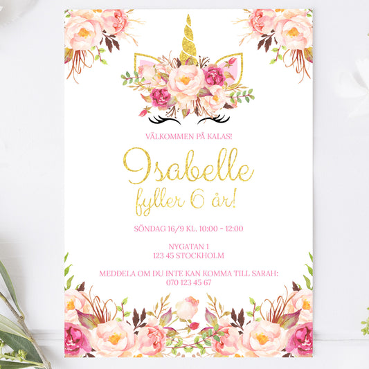 Barnkalas Inbjudningskort – Enhörning – A6 Tryckt Kort för Födelsedagskalas BK005