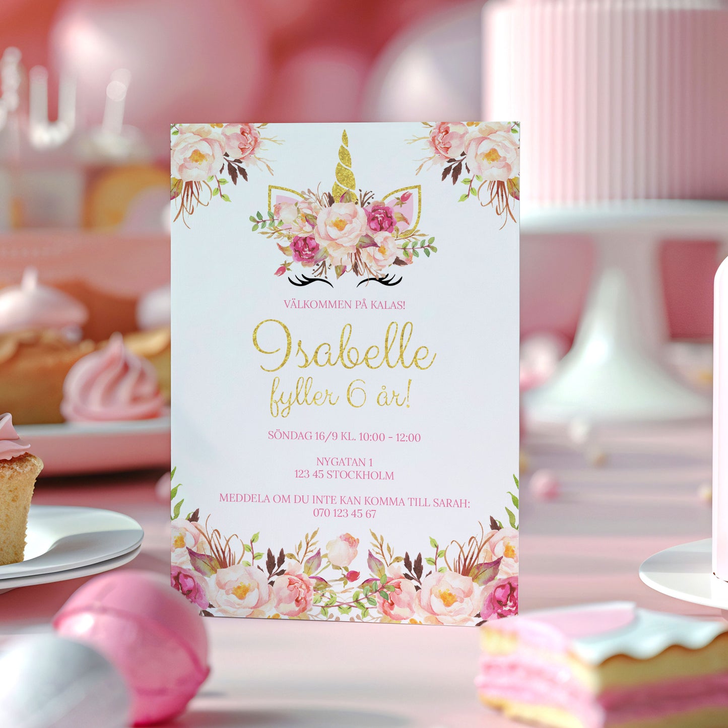 Barnkalas Inbjudningskort – Enhörning – A6 Tryckt Kort för Födelsedagskalas BK005