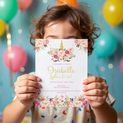 Barnkalas Inbjudningskort – Enhörning – A6 Tryckt Kort för Födelsedagskalas BK005