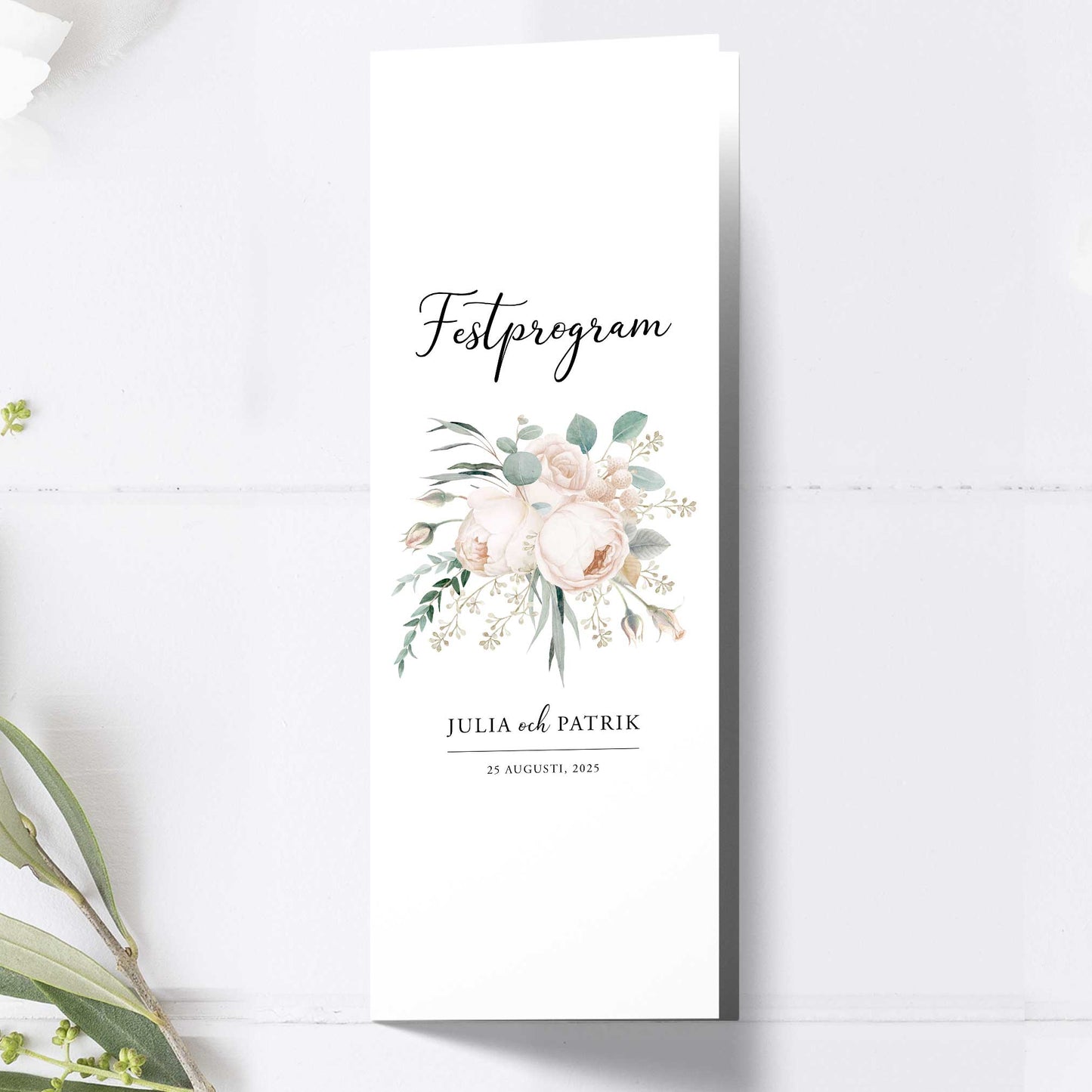 Festprogram till bröllop – Vintage Mr & Mrs Vita blommor – Avlångt tryckt programkort 10,5×29,7 cm BR001