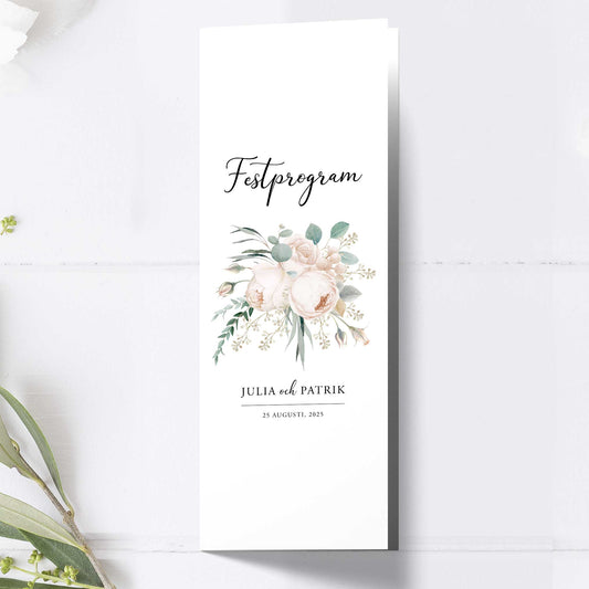 Festprogram till bröllop – Vintage Mr & Mrs Vita blommor – Avlångt tryckt programkort 10,5×29,7 cm BR001