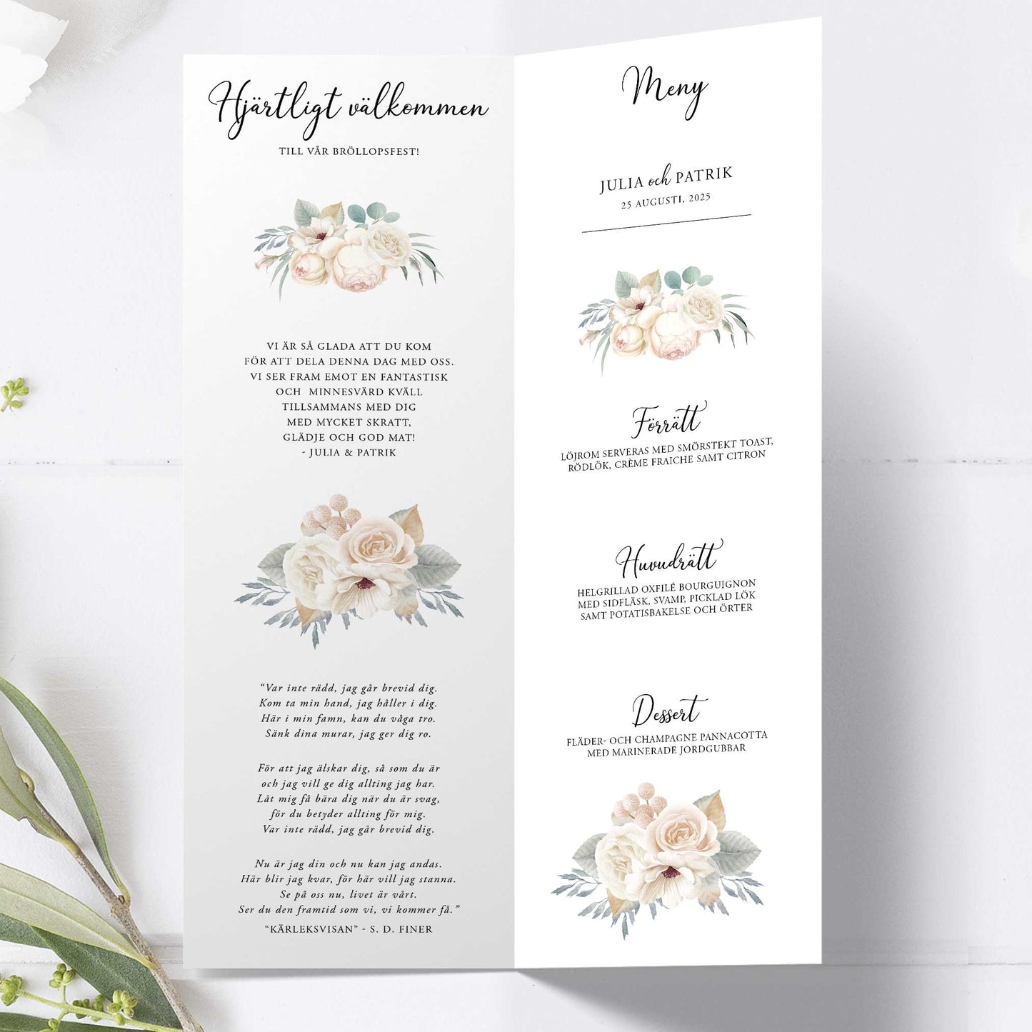 Festprogram till bröllop – Vintage Mr & Mrs Vita blommor – Avlångt tryckt programkort 10,5×29,7 cm BR001