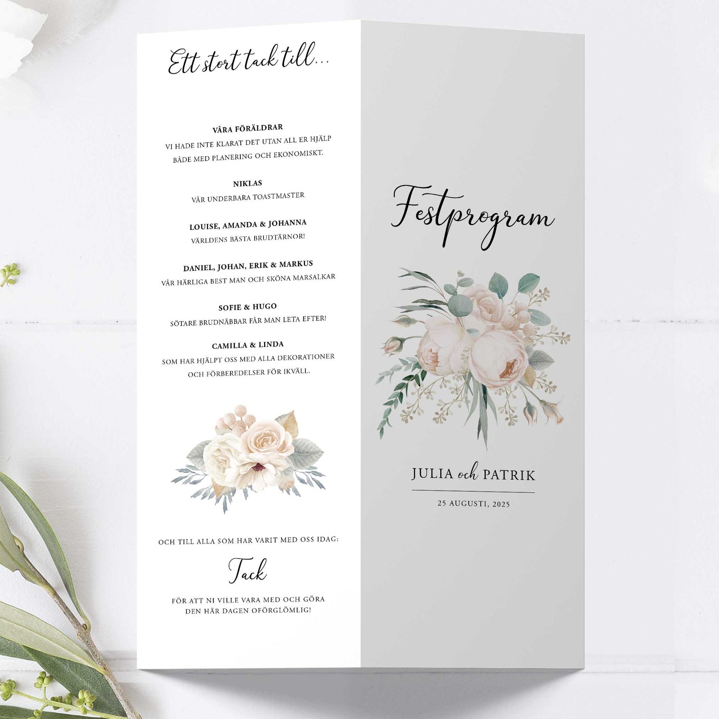 Festprogram till bröllop – Vintage Mr & Mrs Vita blommor – Avlångt tryckt programkort 10,5×29,7 cm BR001