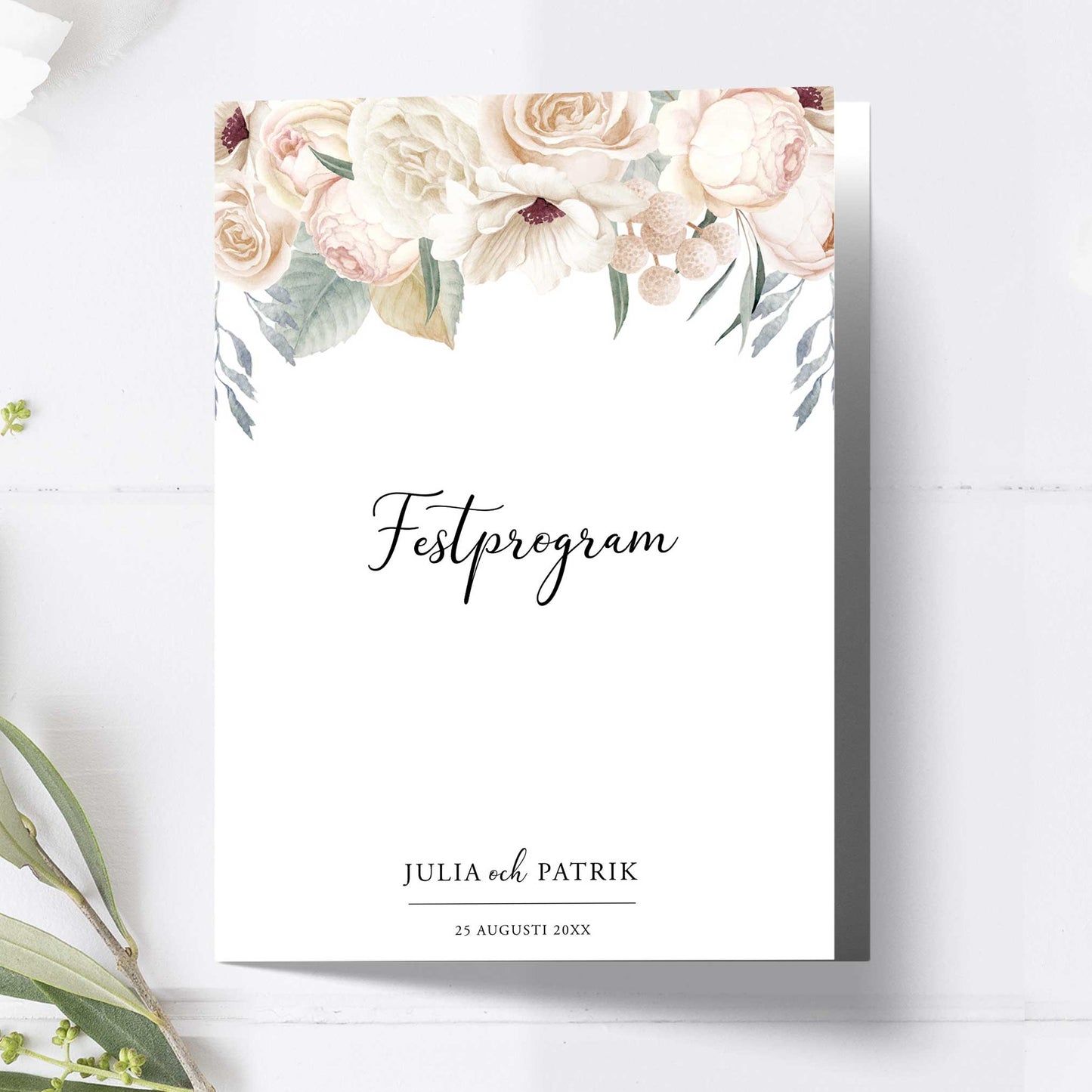 Festprogram litet, till bröllop – Vintage Mr & Mrs Vita blommor – Tryckt programkort 12,7x17,7 cm BR001