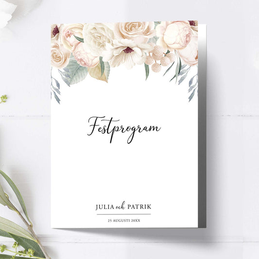 Festprogram litet, till bröllop – Vintage Mr & Mrs Vita blommor – Tryckt programkort 12,7x17,7 cm BR001