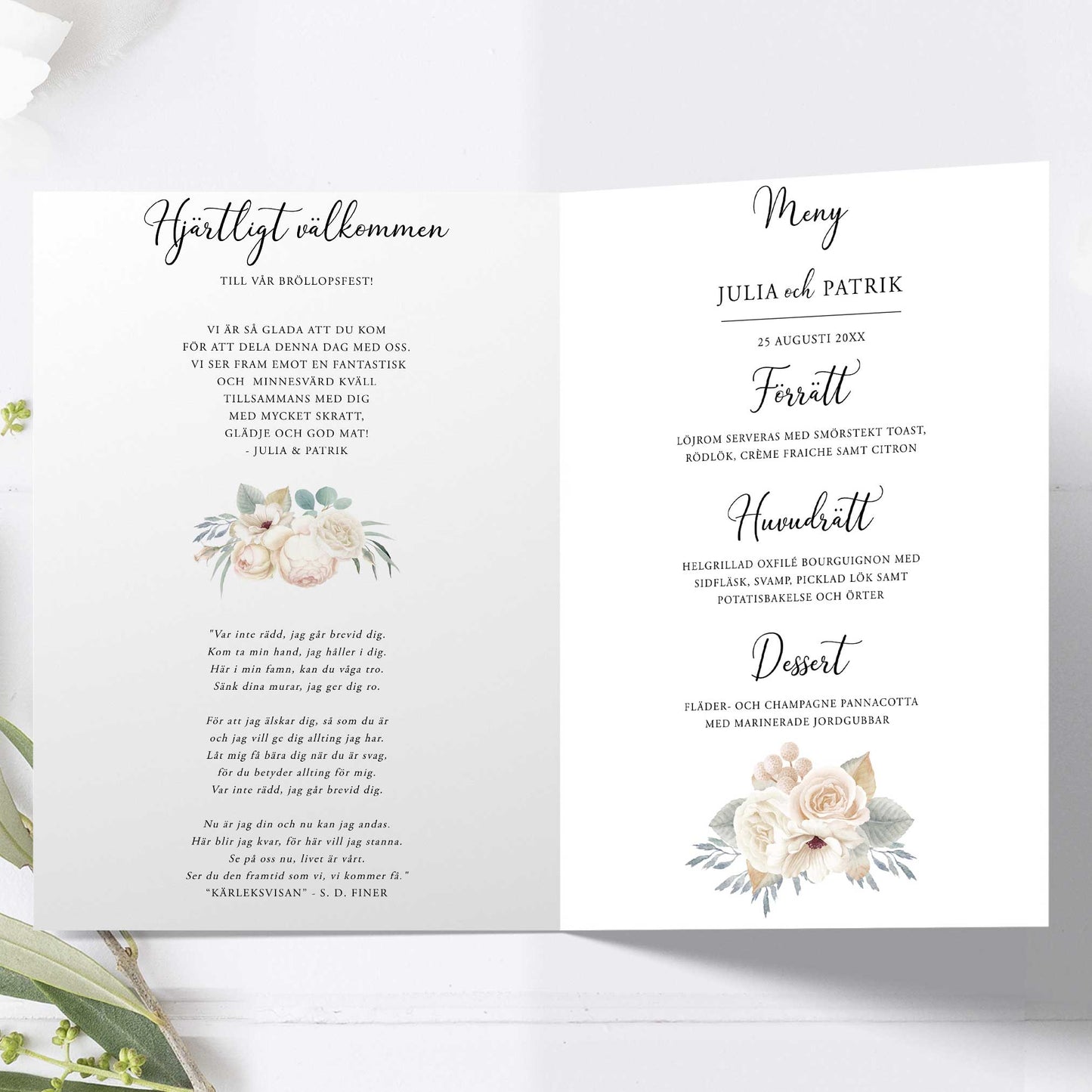 Festprogram litet, till bröllop – Vintage Mr & Mrs Vita blommor – Tryckt programkort 12,7x17,7 cm BR001