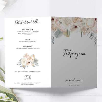 Festprogram litet, till bröllop – Vintage Mr & Mrs Vita blommor – Tryckt programkort 12,7x17,7 cm BR001