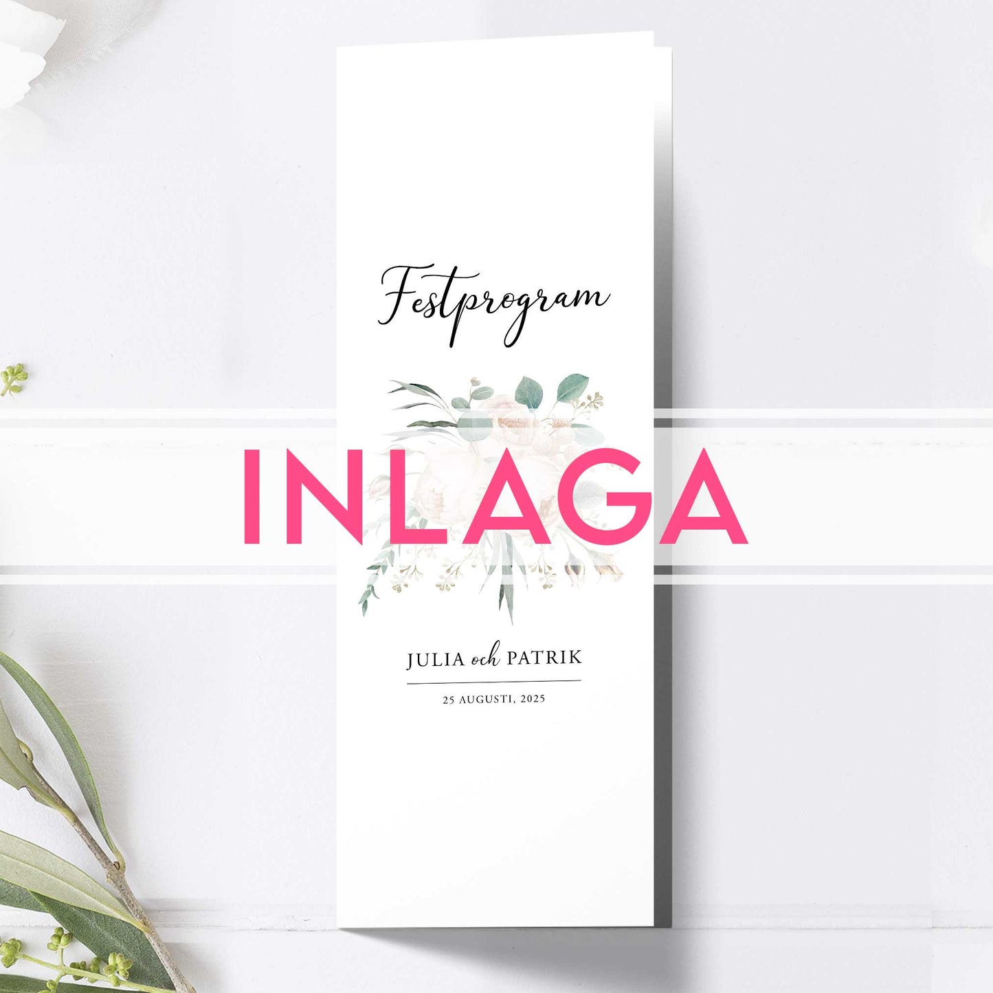 Lång Inlaga till festprogram – Vintage Mr & Mrs Vita blommor – Extra sidor till avlångt bröllopsprogram 10,5×29,7 cm BR001