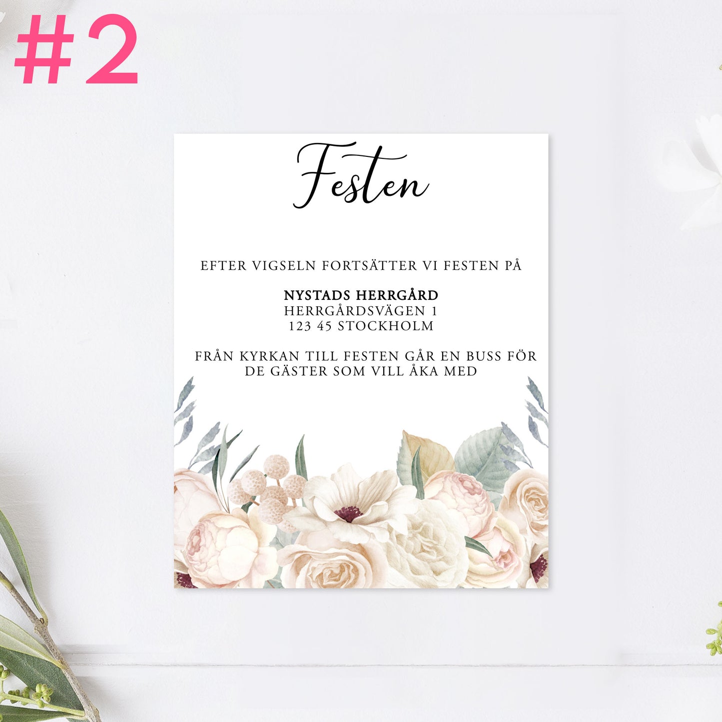 BR001-2 - Festinformation - Vitblommig Mr & Mrs - Tryckt bröllopskort