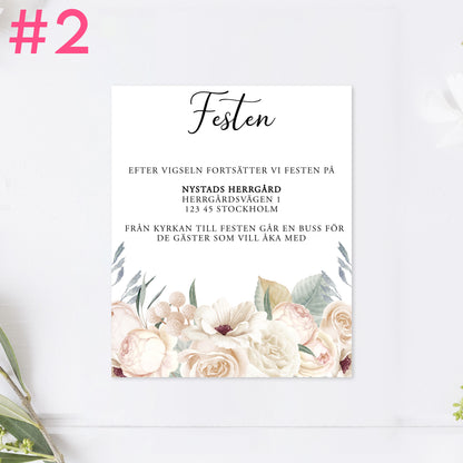 BR001-2 - Festinformation - Vitblommig Mr & Mrs - Tryckt bröllopskort