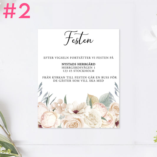 BR001-2 - Festinformation - Vitblommig Mr & Mrs - Tryckt bröllopskort