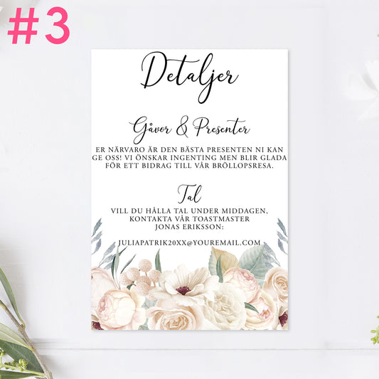 BR001-3 - Informationskort - Vitblommig Mr & Mrs - Tryckt bröllopskort