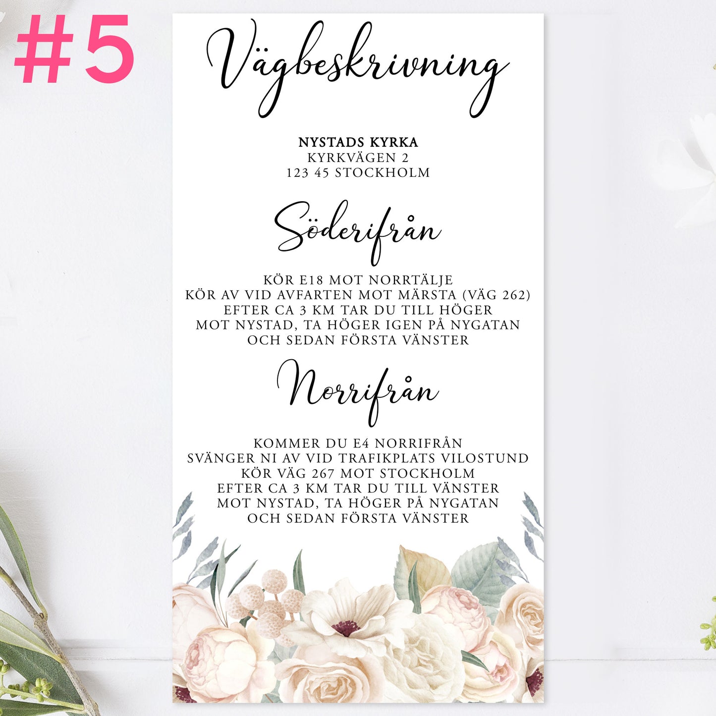 BR001-5 - Vägbeskrivning - Vitblommig Mr & Mrs - Tryckt bröllopskort