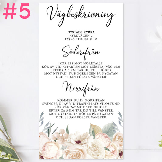 BR001-5 - Vägbeskrivning - Vitblommig Mr & Mrs - Tryckt bröllopskort