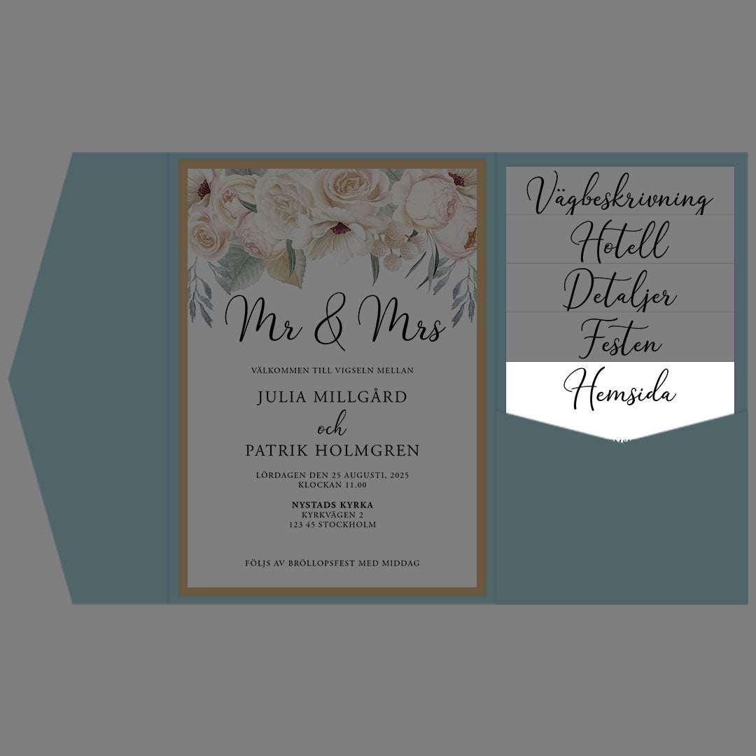 BR001-1 - Bröllopshemsida - Vitblommig Mr & Mrs - Tryckt bröllopskort