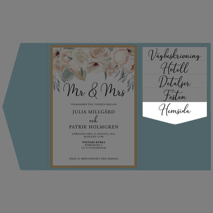 BR001-1 - Bröllopshemsida - Vitblommig Mr & Mrs - Tryckt bröllopskort