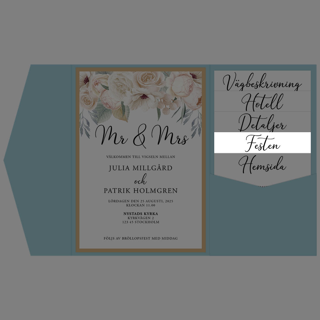 BR001-2 - Festinformation - Vitblommig Mr & Mrs - Tryckt bröllopskort