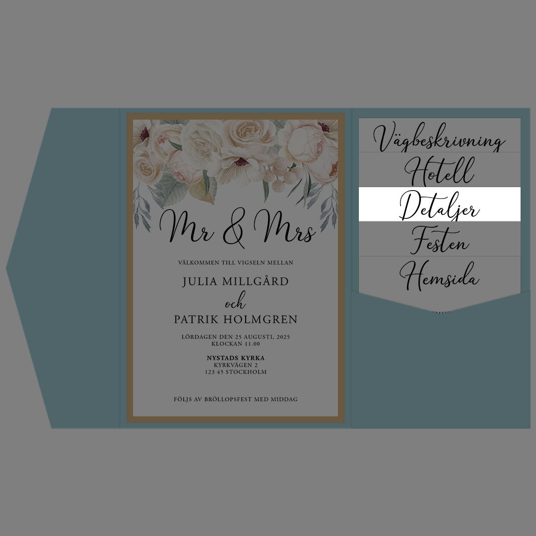 BR001-3 - Informationskort - Vitblommig Mr & Mrs - Tryckt bröllopskort