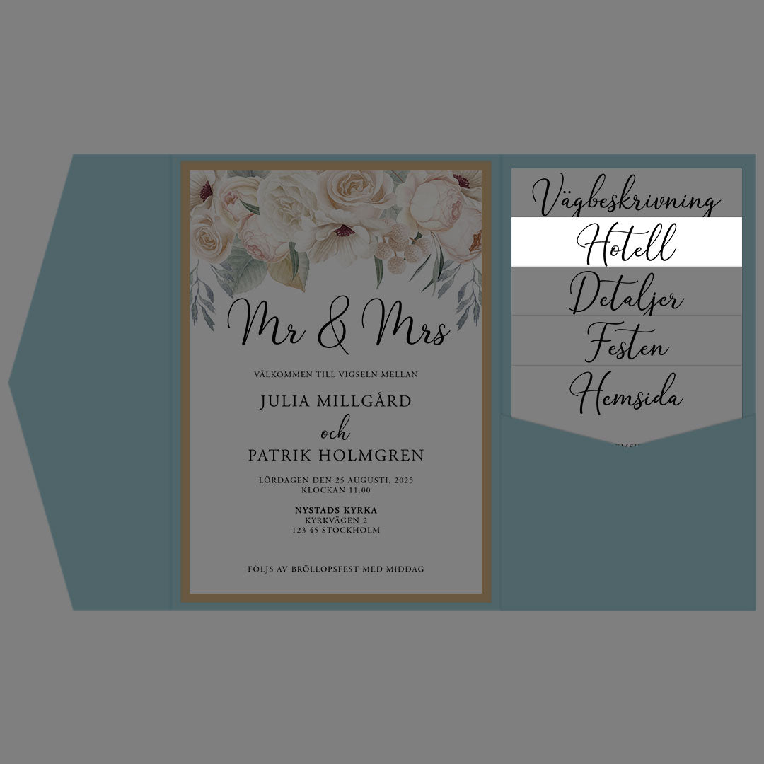 BR001-4 - Boendeinformation - Vitblommig Mr & Mrs - Tryckt bröllopskort